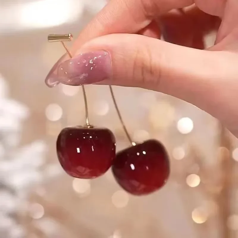Ladies' Exquisite Cherry Drop Earrings, Sweet Red and Shiny Gold, Daily Wear Jewelry