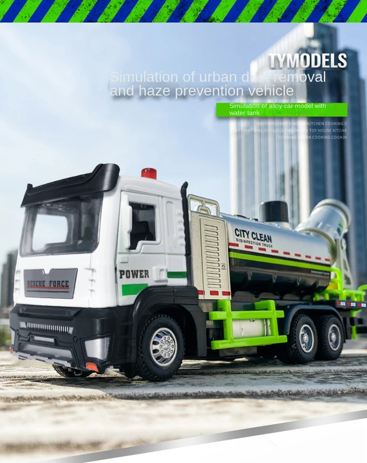 1:50 diecast cidade anti-esmog caminhão modelo liga veículo de engenharia carro crianças brinquedo carro com som luz spray modelo puxar para trás natal