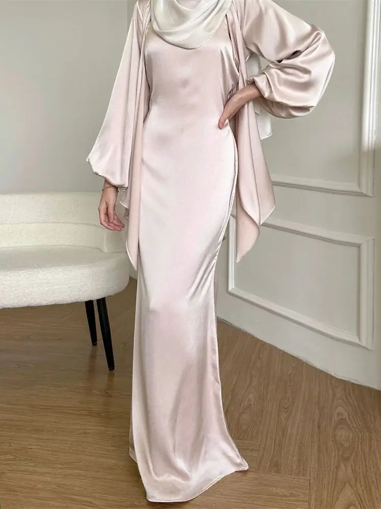 Eid Dubai Satin Plain 2 Piece Abaya Set Modest Muslim Sets Abayas For Women Clothing Caftan Marocain Robe Femme Musulmane Kaftan