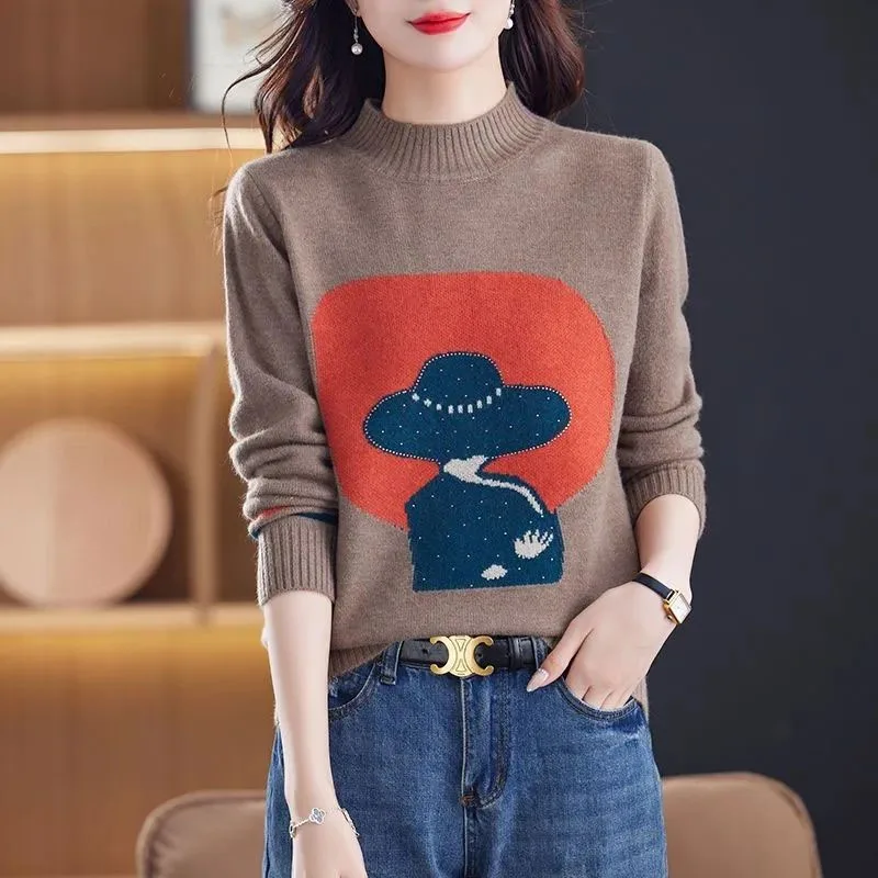 New Autumn/Winter Fashion Trend High Contrast Color Print Half High Neck Loose Versatile Western Style Simple Women\'s Sweater