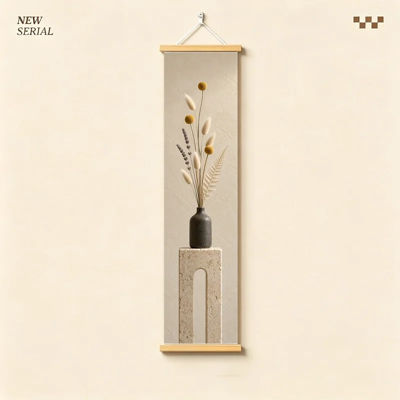 Wall Art Billy Button and Bunny Tail Grass, Calm Wabi-Sabi Silver Shimmer Canvas Hanging Scroll for Peaceful Reading Nook