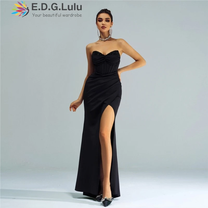 EDGLuLu Sexy Strapless Backless Elegant Party Dress Woman Design Fold High Slit Black Dress Sleeveless Long Evening Gown 0106