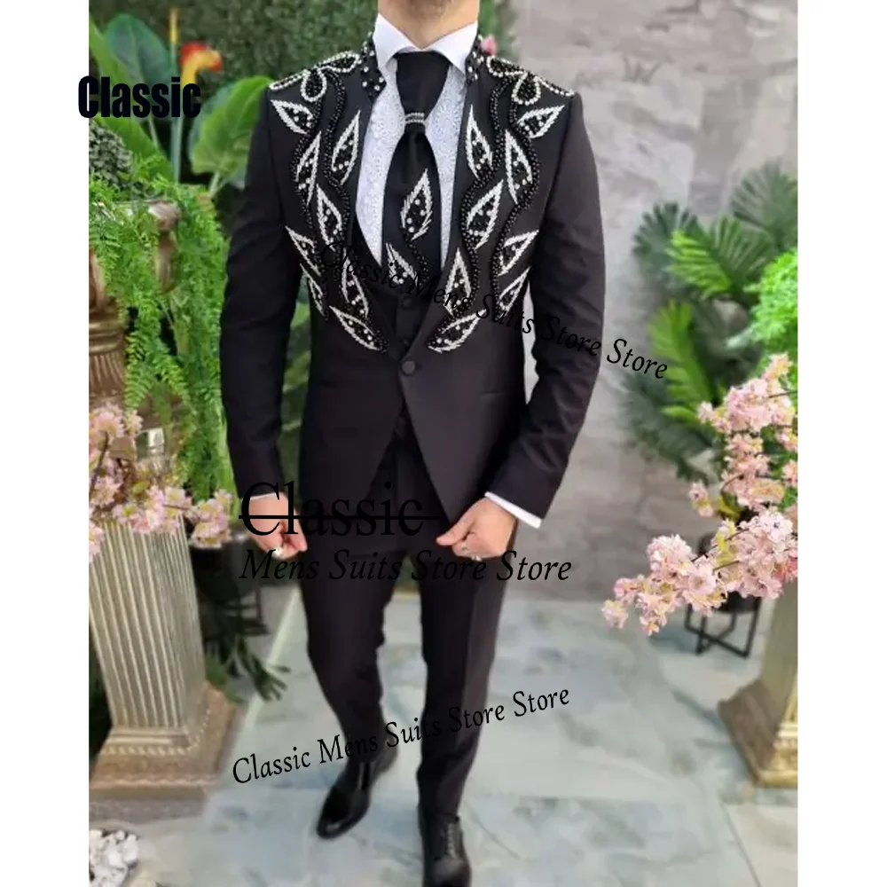Customized Glitter Jewelry Men suit Simple Sequin Gem For Wedding Groom Male Prom Party Fashion Blazer 3 Pieces Set Tuxedos Slim