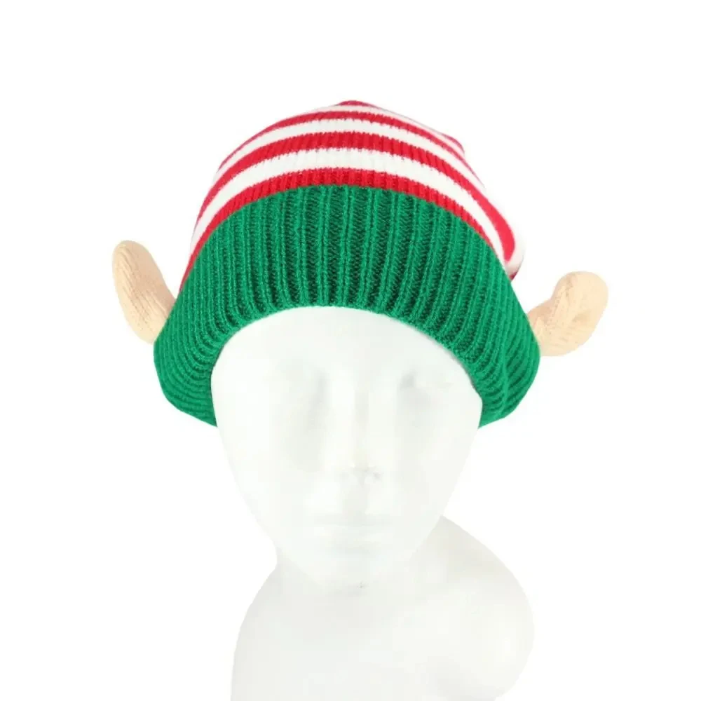 1PC Christmas Holiday Gift Striped Pattern Christmas Hat with Small Ears Xmas Cap Holiday Knitted Hat Winter Party Accessories