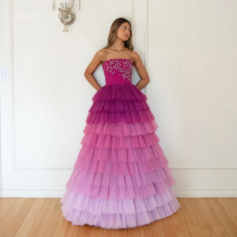 TULX Luxury Tulle Gradient Purple Prom Gowns Strapless Beaded Evening Dresses A line Long Tiered Formal Party Dress Customized