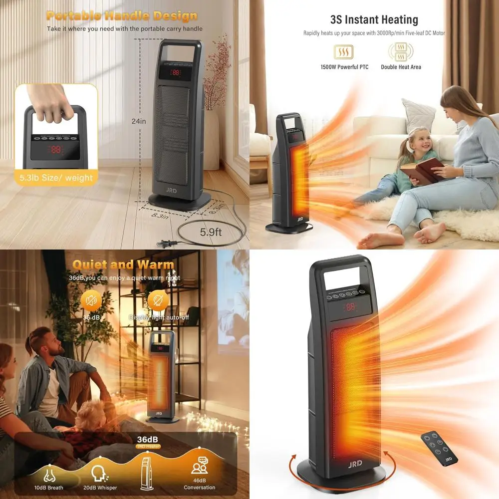 

24 Портативный электрический обогреватель мощностью 1500 Вт с дистанционным управлением, термостатом, осцилляцией, таймером для больших помещений