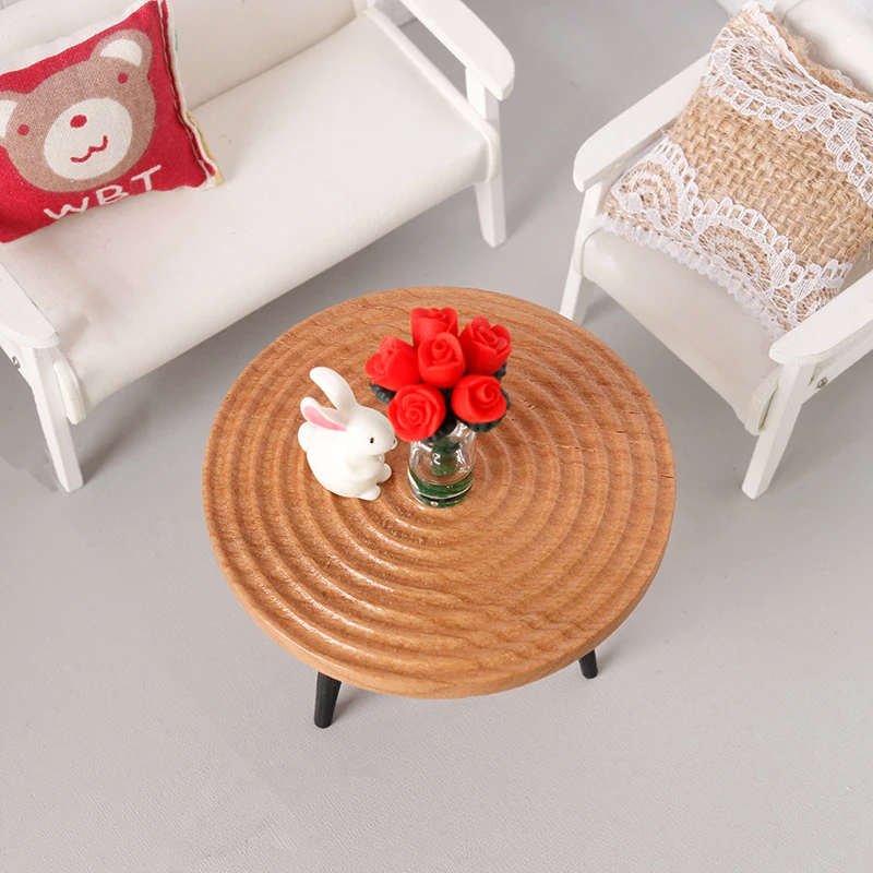 1:12 Dollhouse Miniature Wood Round Table Tea Table Doll Home Coffee Table Furniture Decor Toy Micro Scene Construction Props