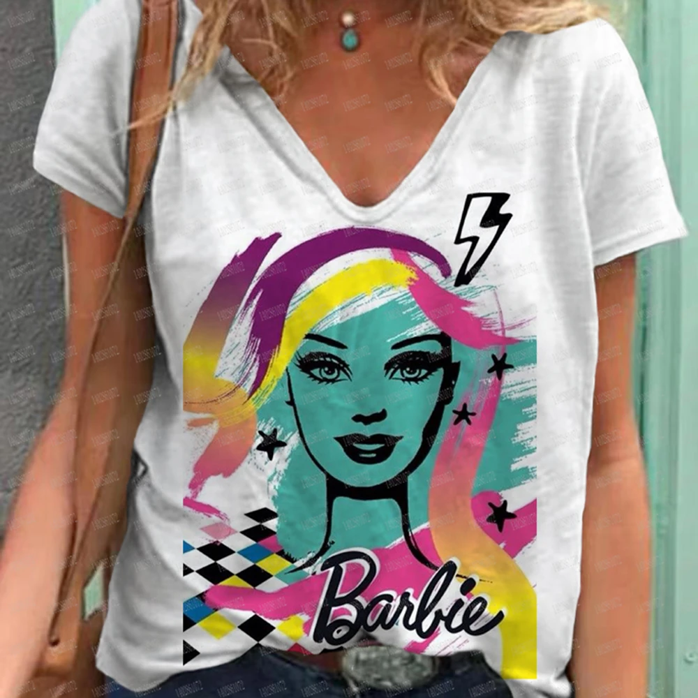 Summer Barbie Princess 3D Printed T-shirt Women\'s Casual Fashion Street Clothing Short sleeved V-neck T-shirt Harajuku T-shirt T