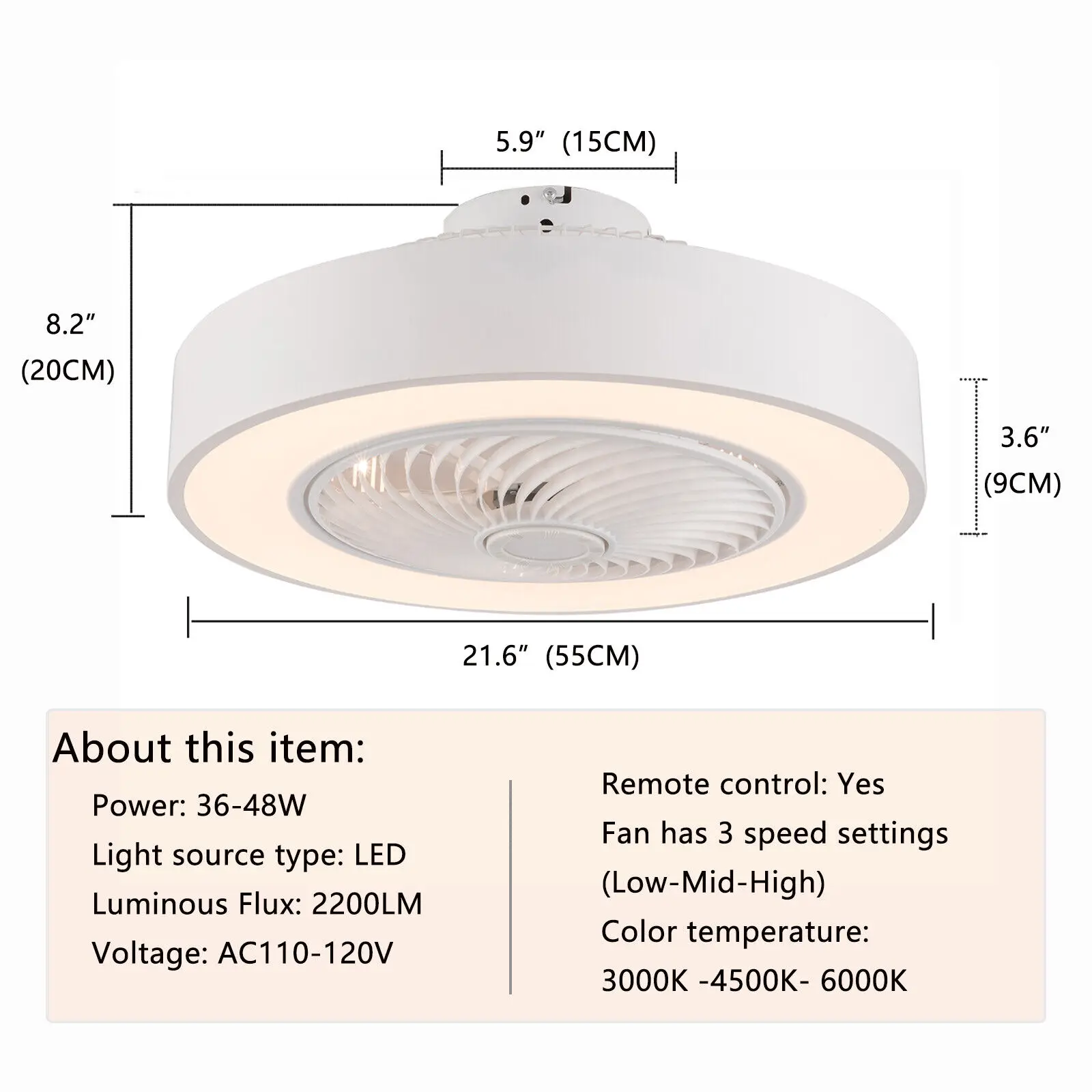 Imagem -06 - Led Invisible Vedação Ventilador de Teto com Luz Regulável Lustre Lâmpada Remota para Quarto Sala Luz Interior Home Decor