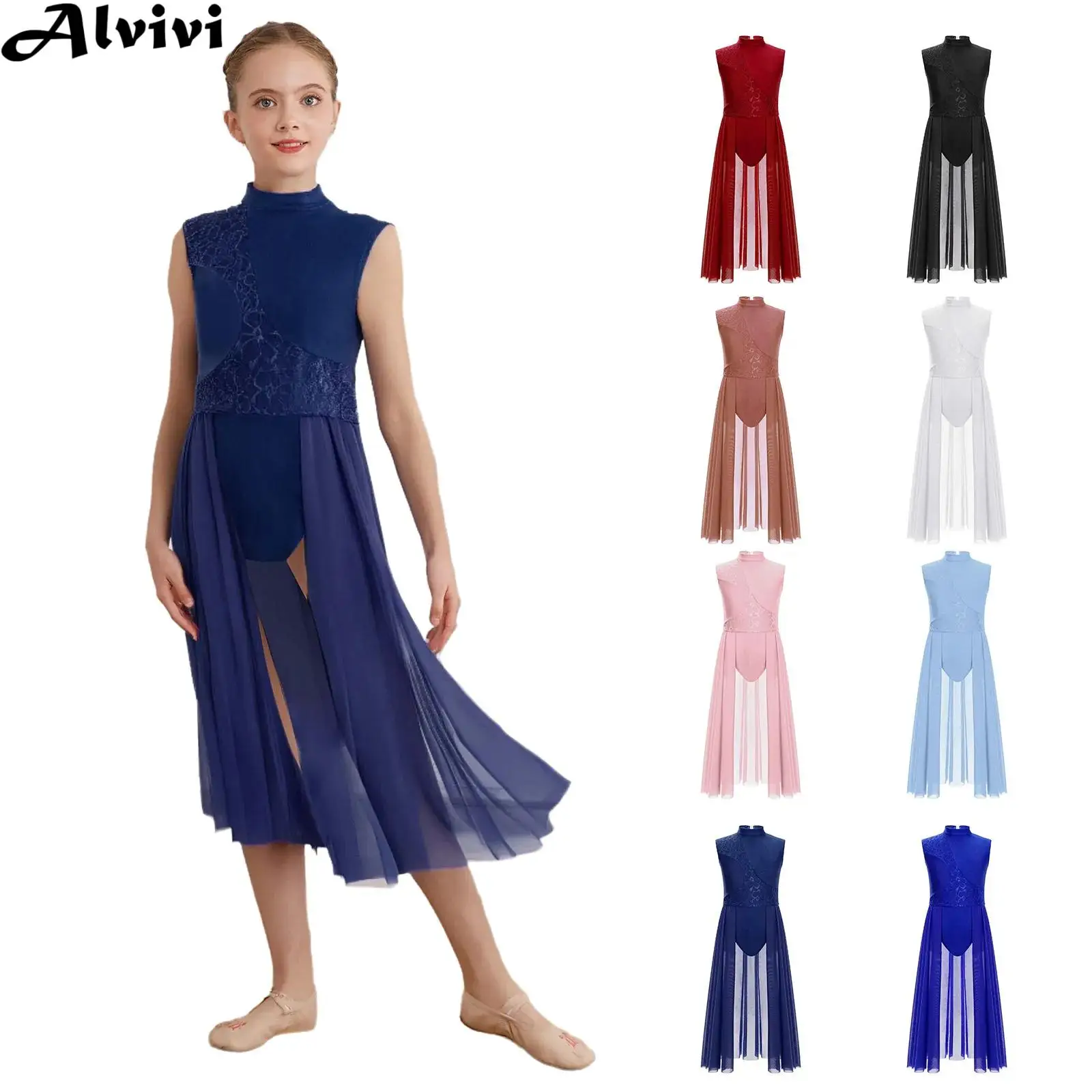 

Платье-купальник без рукавов для девочек, прозрачная сетка, кружево с цветочным принтом, современное лирическое танцевальное трико, платье для фигурного катания, балета, гимнастики, танцевальная одежда