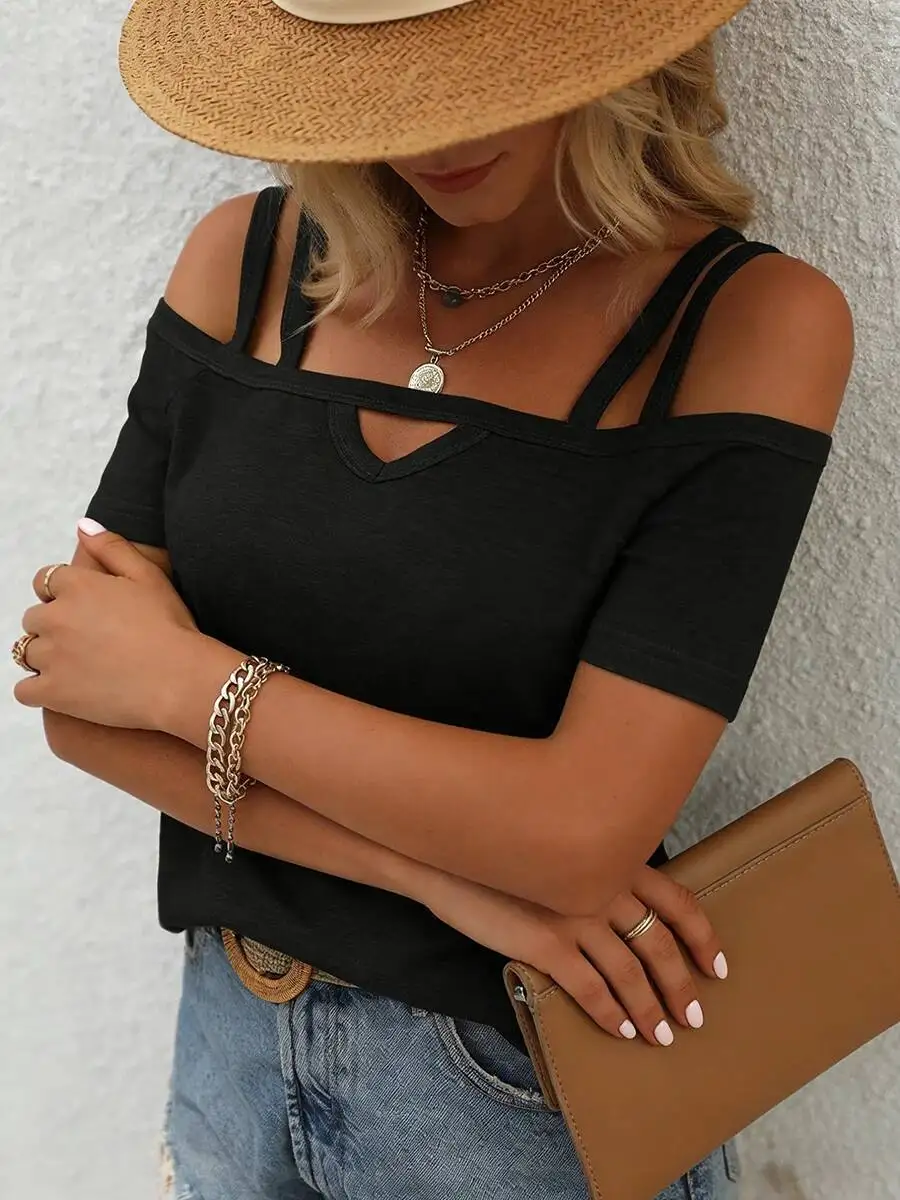 Damen T-Shirt Frühling Sommer Schwarz Cold-Shoulder Doppelriemen Ausschnitt-Kragen Kurzarm Valentinstag Lässiges Sexy Alltags-Oberteil – Detail 7