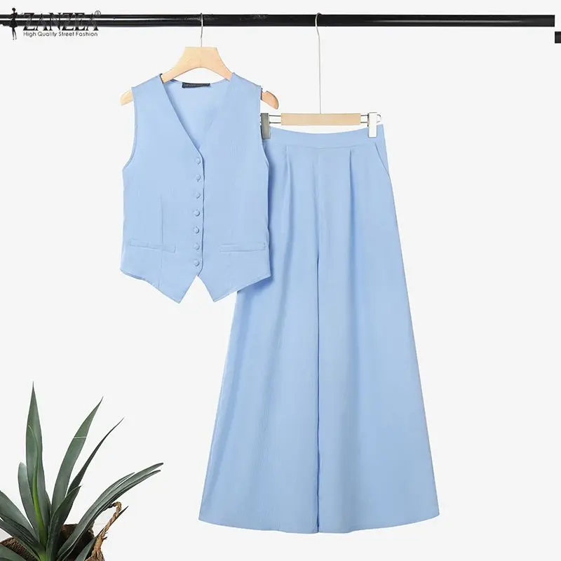 ZANZEA Elegante Damen-Hosen-Sets, Sommer, ärmellos, V-Ausschnitt, dünne Oberteile, weite Hosen, einfarbig, Streetwear, 2-teilig, zweiteilige Outfits