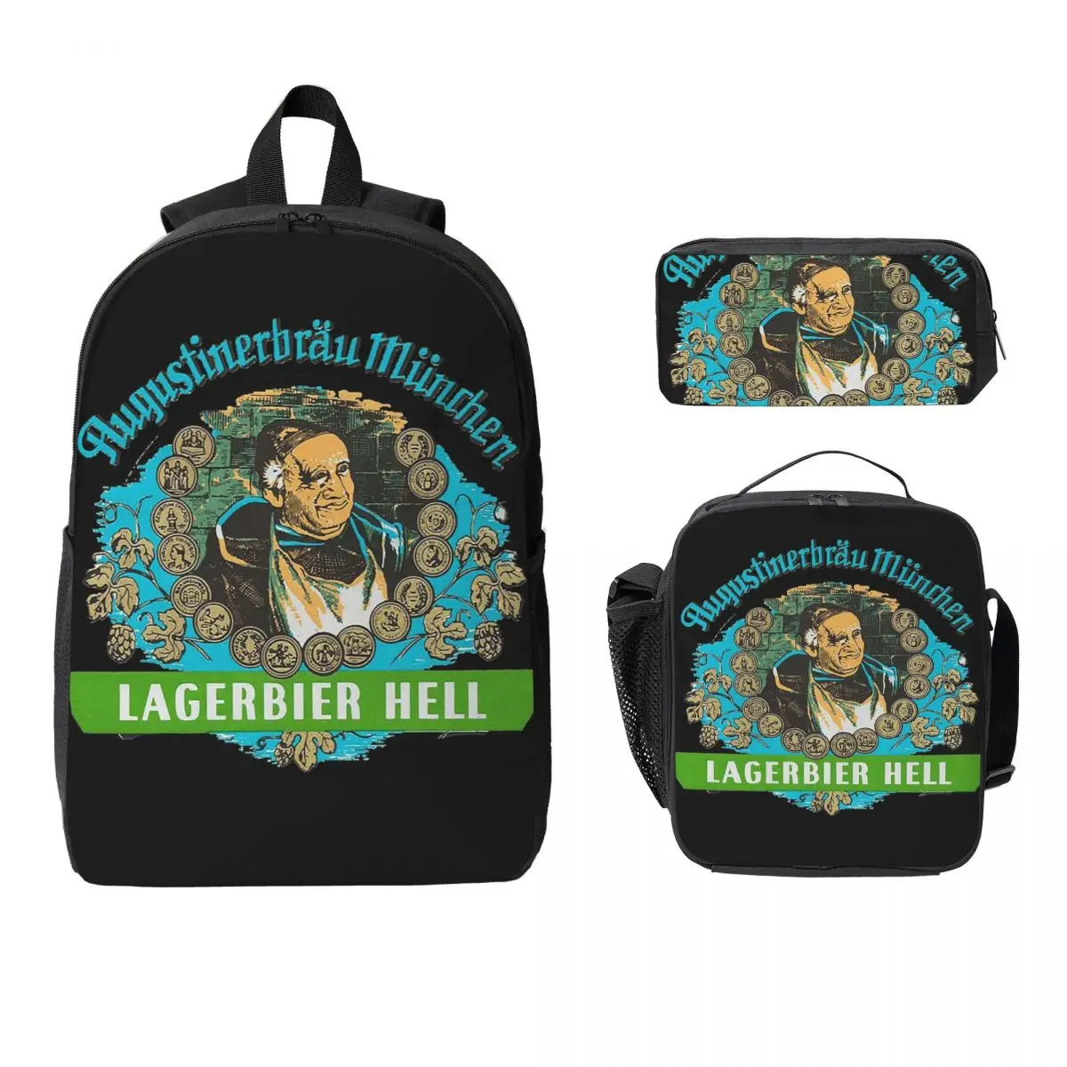 

Augustiner Munich Beer...Lagerbier Hell Classic Backpack Student Boy Girl BookBag School Bag 3ps Insulated Lunch Bag Pencil Case