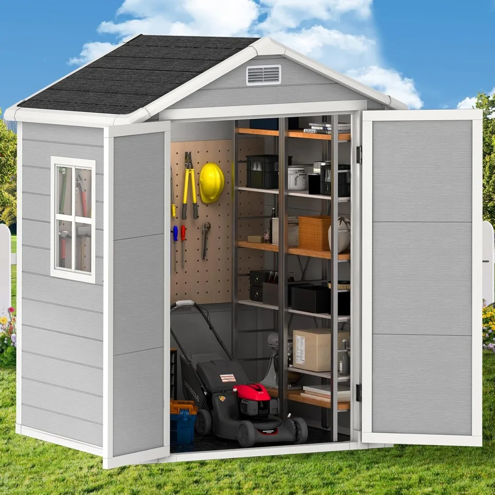 

Outdoor Storage Shed, 6x4.4 FT Resin Sheds with Floor, Weather-Resistant Plastic Garden Shed with Window, Lockable & Vents