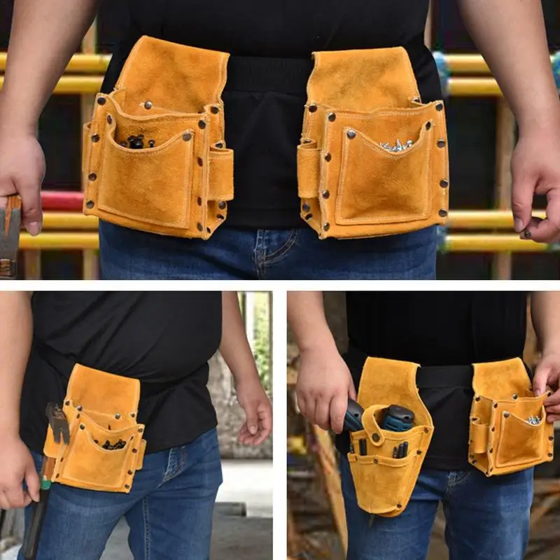 Cowhide Tool Storage Bag Wear-resistant Construction Tools Waist Pouch Thicken Woodworking Tool Nail Pouch For Installation Tool