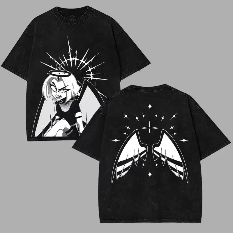 Anime Hazbin Hotel Washed T-shirt New Model personality Clothes Oversized Unisex Vintage Loose Streetwear Trendy Cotton Couples