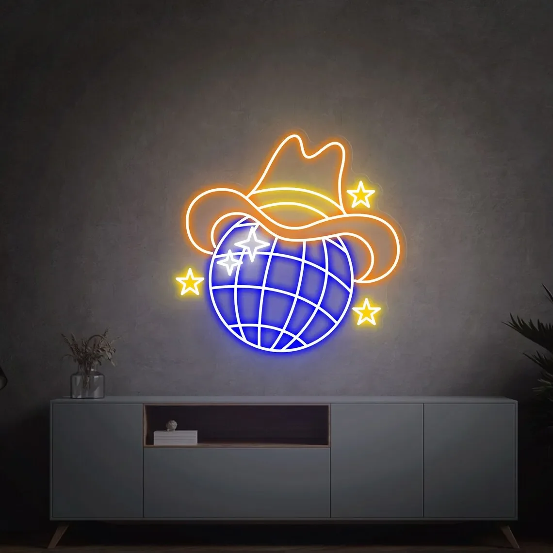 Disco Ball with Cowboy Hat Neon Sign Custom Cowgirl/Cowboy Neon Light for Party Texas Cowboy Party Neon Backdrop Retro Disco Bal