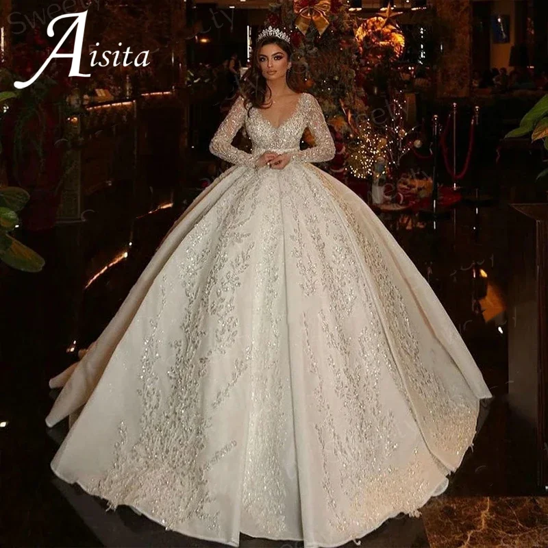Grace Tulle Applique Wedding Dresses Long Sleeves Customized Ball Gown Wedding Dresses Beach Tulle Sweep Train Vestidos De Novia