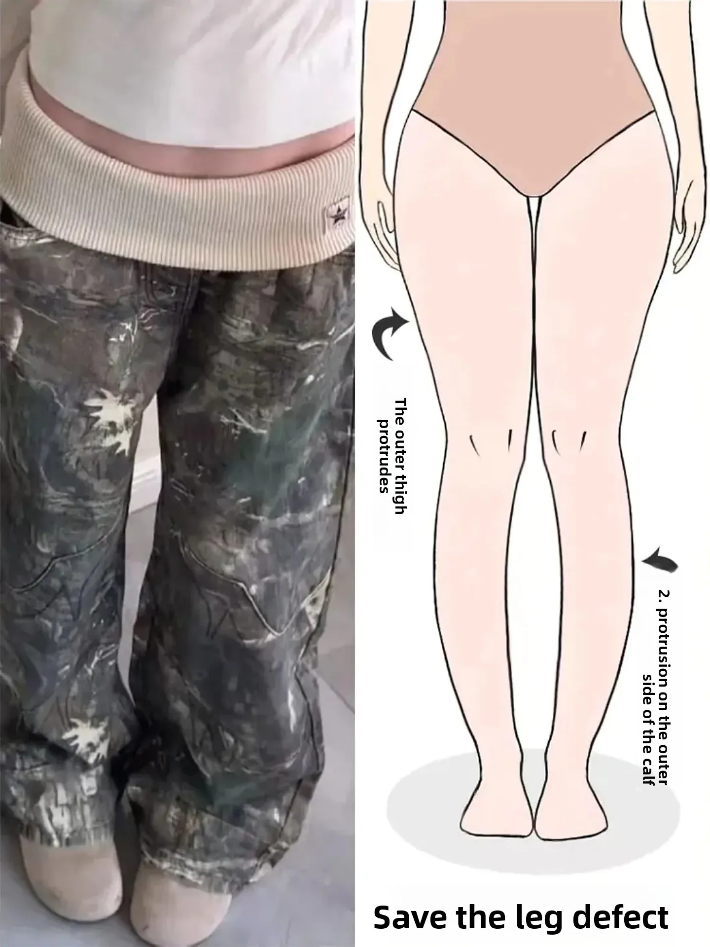 

American Retro Camouflage Wide Leg Denim Jeans Women Spring Summer New Design Threaded Waist Design Sense Long Pants