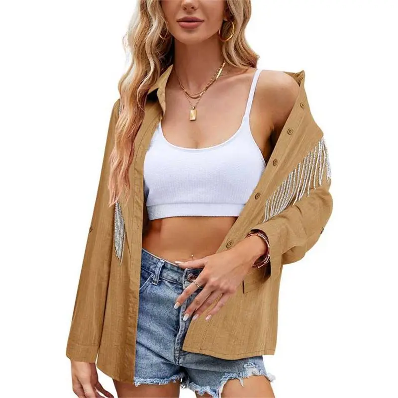 

ABRT-Female Sparkly Fringe Button Down Shirt Top Country Concert Nashville Western Cowgirl Outfit