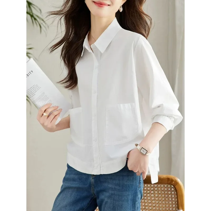 

Рубашка женская с длинным рукавом, весна-осень, новый стиль, модная свободная хлопковая рубашка с двусторонним карманом, топ