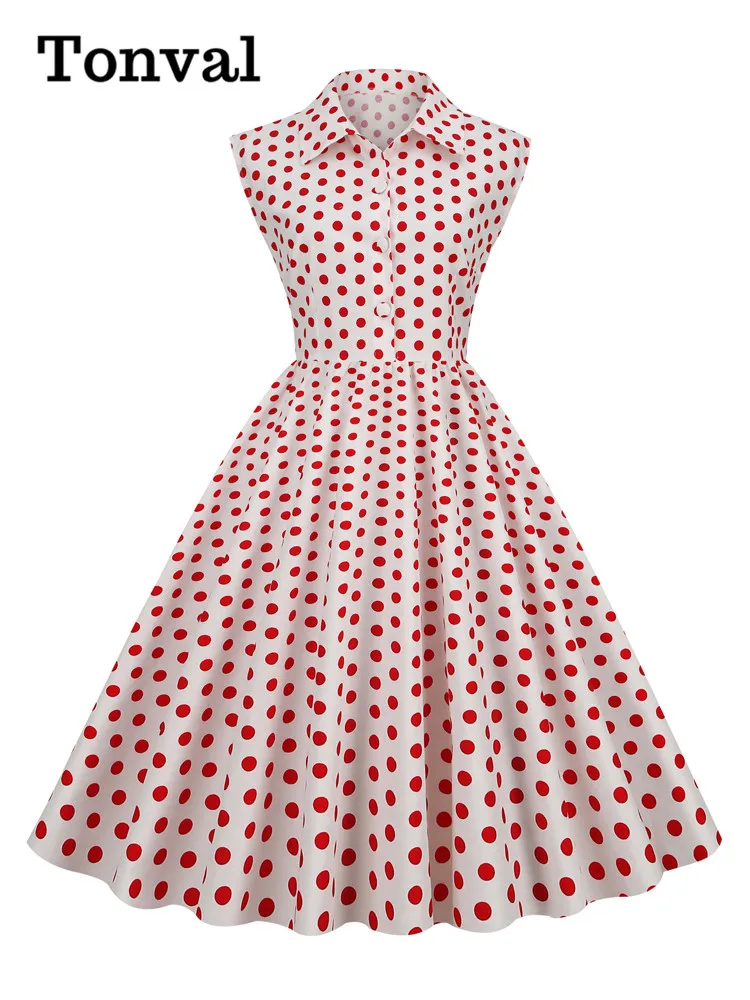 Tonval Turn Down Collar Button Up Sleeveless Summer Shirt Dress for Women Cotton Polka Dot Vintage Pinup Pleated Long Dresses