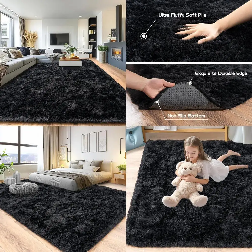 

Large Plush Shag Rug, 8x10, Modern Fuzzy Carpet for Living Room, Bedroom, Kids, and Dorms, Black
