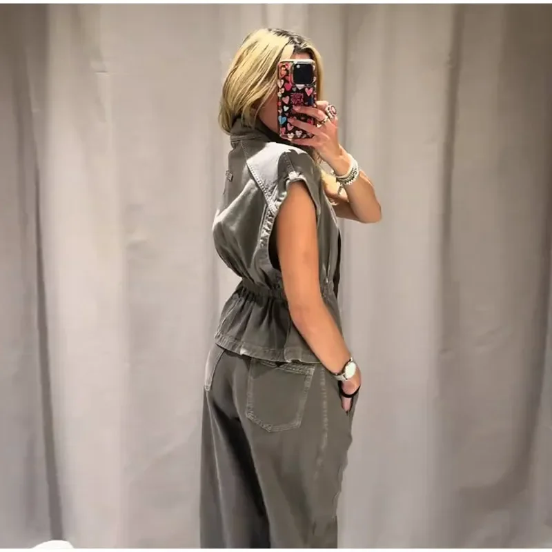 Casual Vintage Washed Denim Vest Stand Collar Sleeveless Snap Button Elastic Cinch Waist Women Cropped Gilet Top 260701
