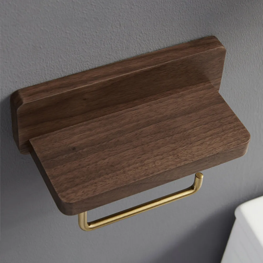 1Pcs Solid Wood Tissue Holder Black Walnut Brass Dual Function Roll Paper Holder Phone Rack Bathroom Wall Mounted Paper