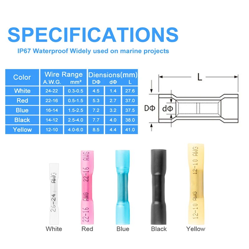 50/100/250PCS/Box Waterproof Seal Heat Shrink Butt Connectors Electrical Wire Splice Cable Crimp Terminals Connectors Kit