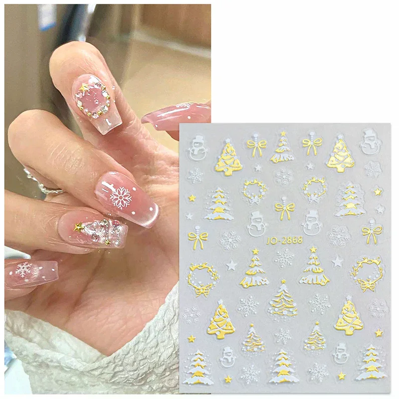 1Sheet 3D Colorful Snowflake Nail Art Stickers Self-Adhesive Sparkle Christmas Tree Snowflakes Decals Winter Manicure Sliders
