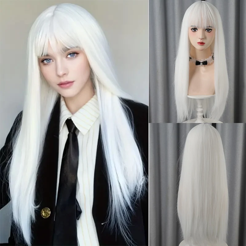 Wig lurus putih dengan poni wig sintetis wanita alami dan nyaman dipakai penggunaan pesta cosplay harian sederhana