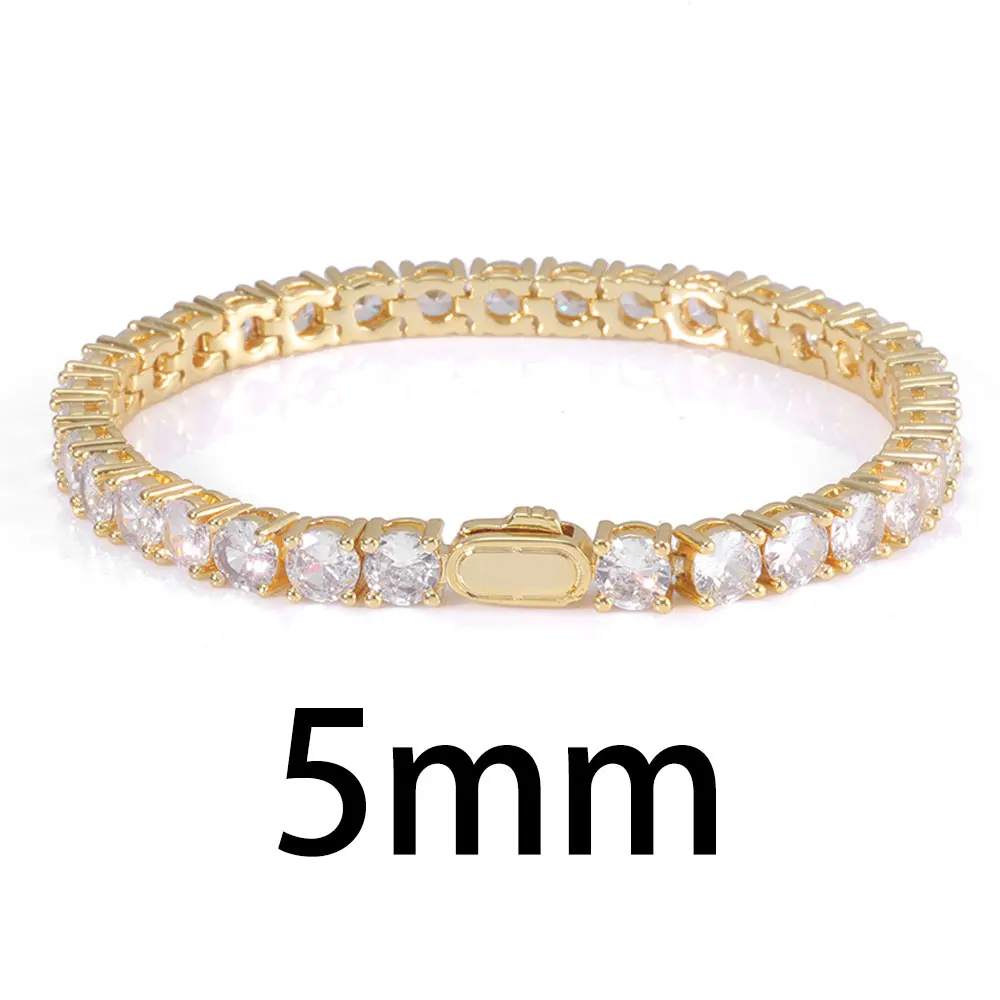 

New Style Iced Out Bling Tennis Bracelet 3/4/5MM Cubic Zirconia 18K Gold Plated Spring Buckle Hip Hop Jewelry for Men Women
