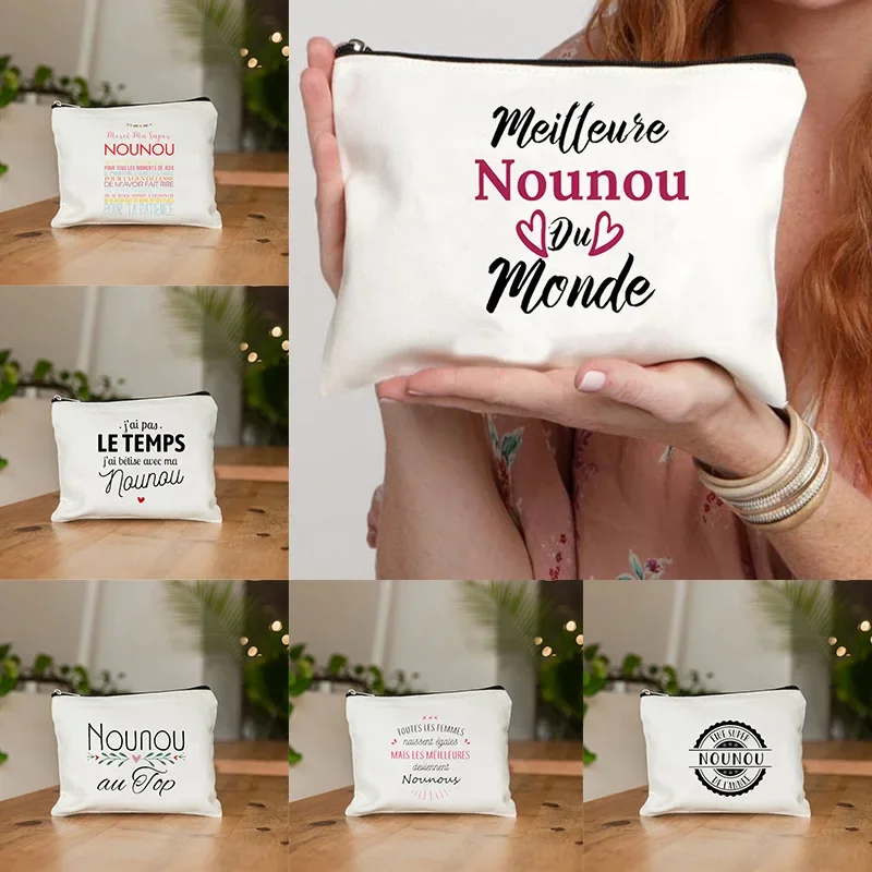 Super Nounou French Printed Women Canvas Cosmetic Makeup Bags Travel Toiletry Pouch School Pencil Case Supplies Organizer