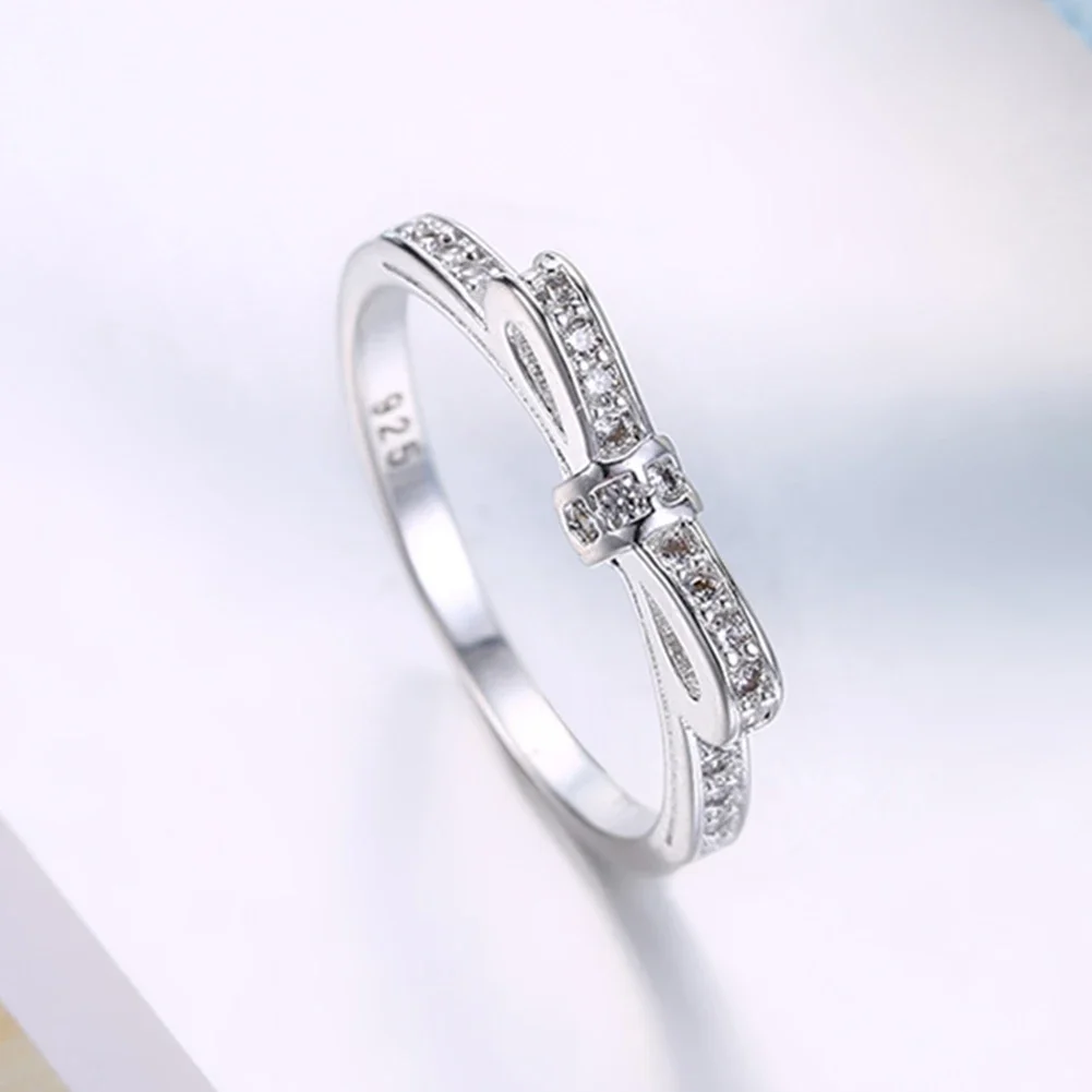 

Charm 925 Sterling Silver Rings For Women Simple Bowknot Crystal Size 6/7/8/9 Fashion Party Gifts Girl Student Wedding Jewelry