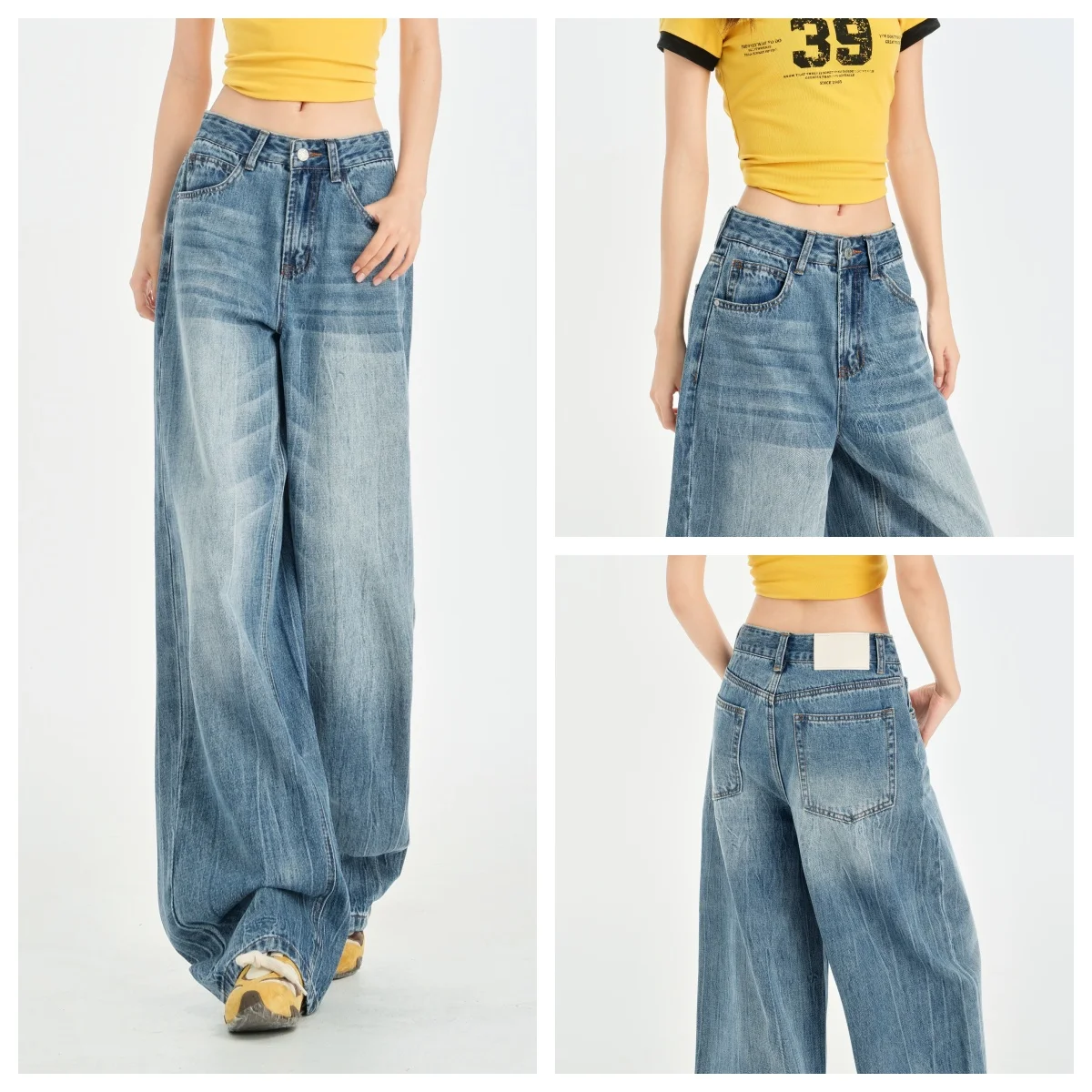 อเมริกันRetroตรงกางเกงยีนส์ผู้หญิงแฟชั่นสบายๆSlim High Streetกางเกงขากว้างY2Kชั้นMoppingกางเกงฤดูใบไม้ร่วงและฤดูหนาว