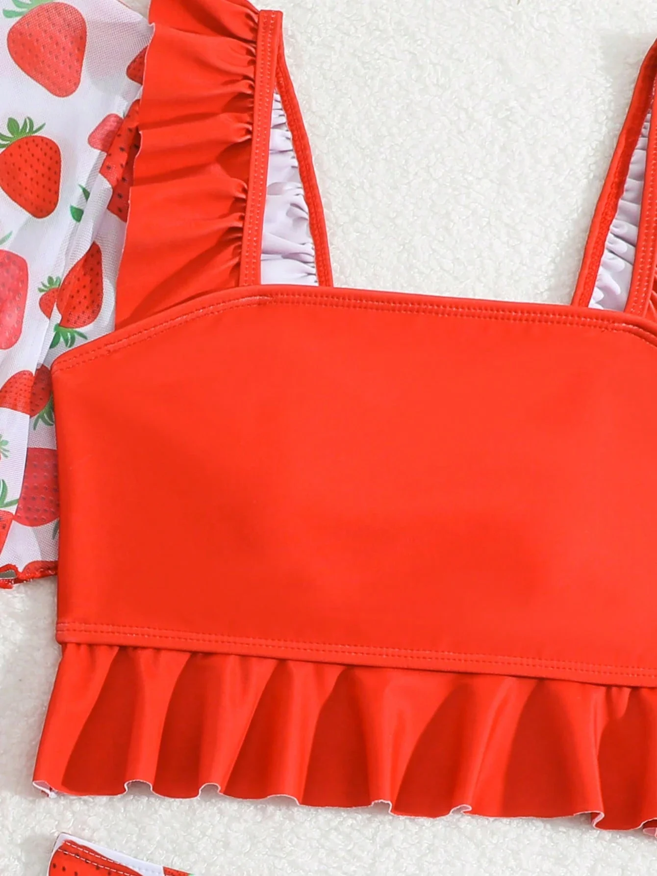 

Women Strawberry Print Bikini Set With Ruffled Kimono Cover Up