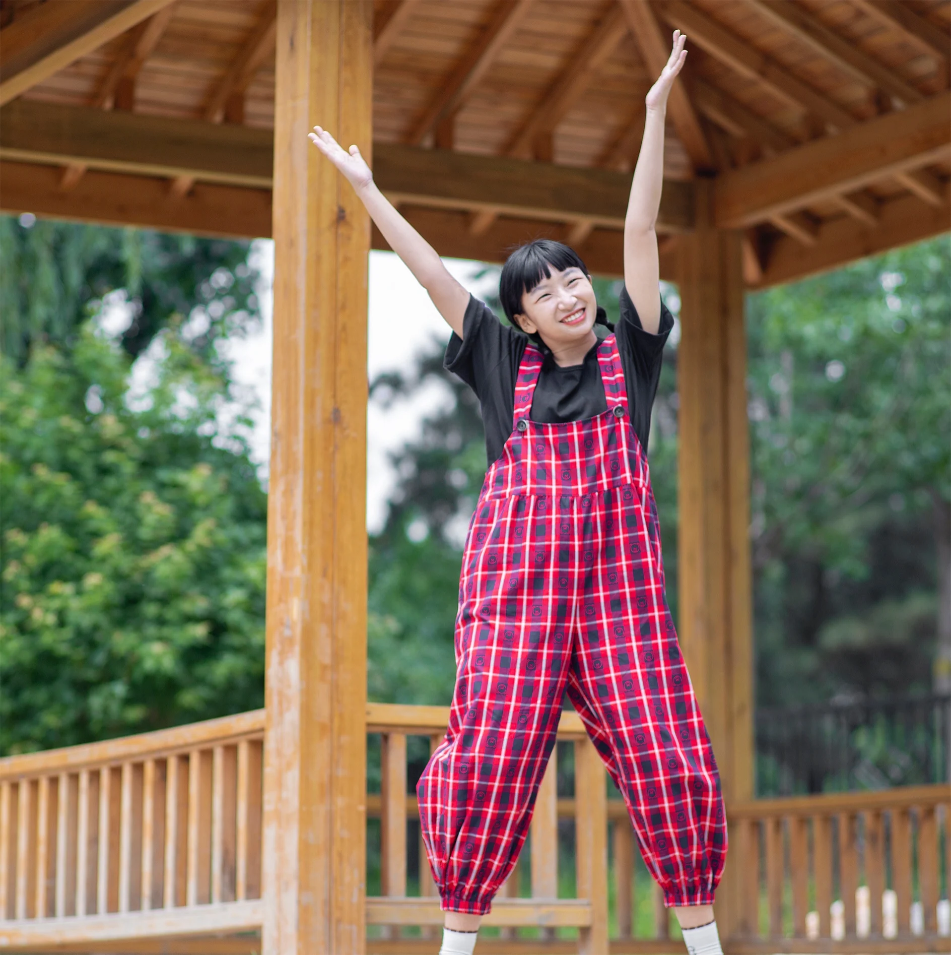 Quan Independent Design Plaid Bear Embroidery Wide Leg Jumpsuit Casual Pants Cotton l Waist Nine Points Length