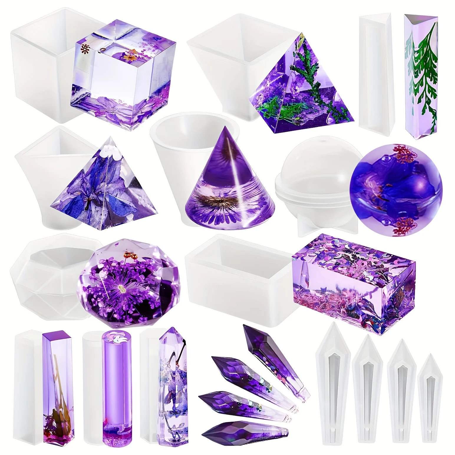 15-teiliges geometrisches Silikonform-Set in Pyramiden-, Kugel-, Kegel- und Edelsteinform für Epoxidharz-DIY, perfekt für Schmuck, Seife, Kerzen und Kunsthandwerk.