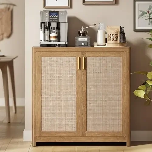 ELLAN Collection - Boho Buffet Cabinet with Rattan- Do, Sideboard Storage Cabinet, Rounded s, Adjustable Shelf, for
