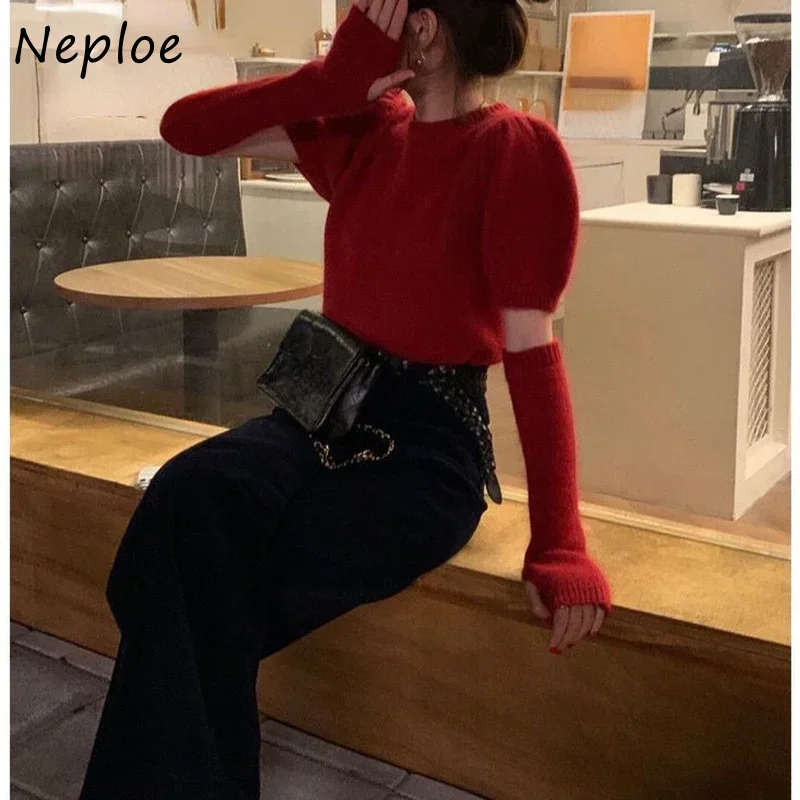 Neploe Korean Office Lady Elegant Simple All-match Knitted O Neck Short Sleeve Pullover Solid Color Design Sense Sweater with