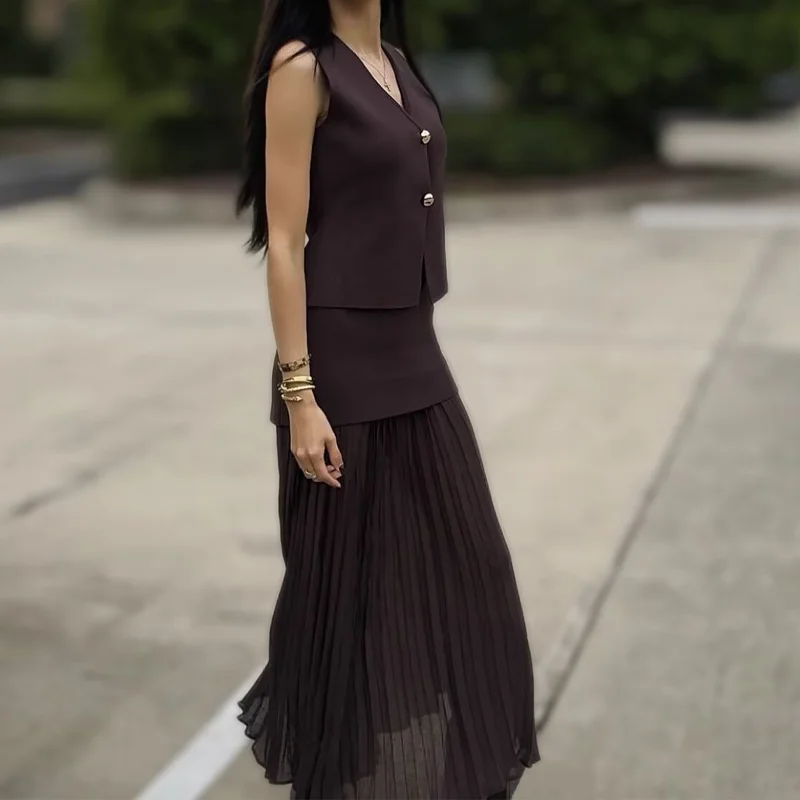 SMVP Women 2 Piece Set Chic V-Neck Sleeveless Button Knitted Vest Top+Splicing High Waist Side Zipper Ankle-Length Skirt