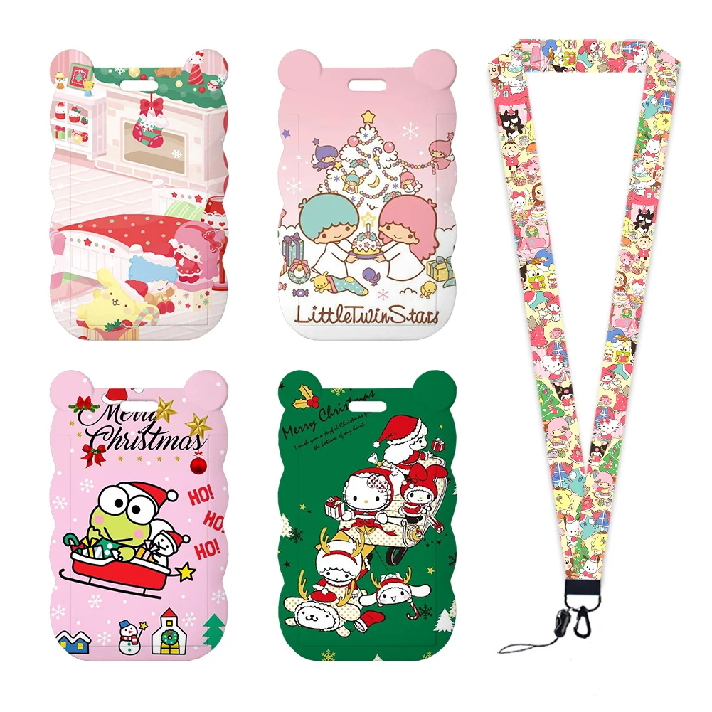 Porte-carte de noël Hello Kitty Sanrio, Badge de travail, sangle de cou, bobine en acrylique à paillettes, protecteur de carte