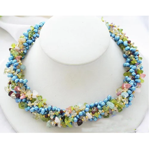 

Favorite Pearl Jewelry,6Row 18'' Multicolor Baroque Olivine Crystal Beads Detritus Blue Real Pearl Necklace,Charming Women Gift.