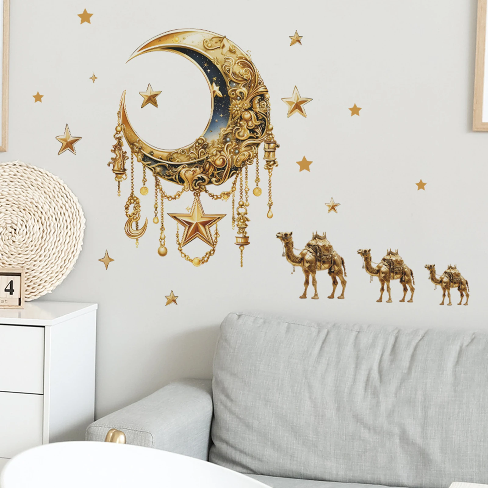 2Sheets Ramadan Wall Stickers Gold Moon Star Camel Pattern Peel and Stick Wall Decals Home Holiday Decor