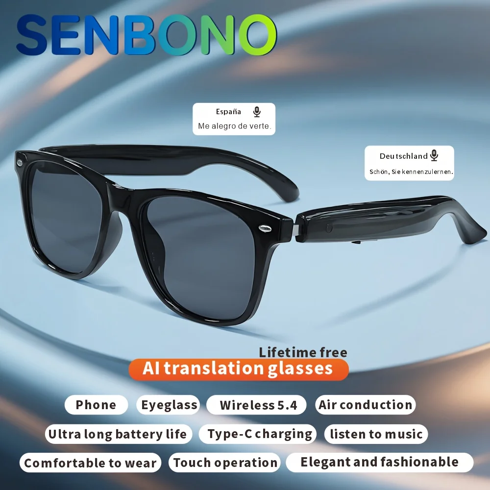 SENBONO AI Smart Glasses 100+ Language Translator Multi-functional Built-In Speaker Sound Audio Glasses for Men Women Sunglasses