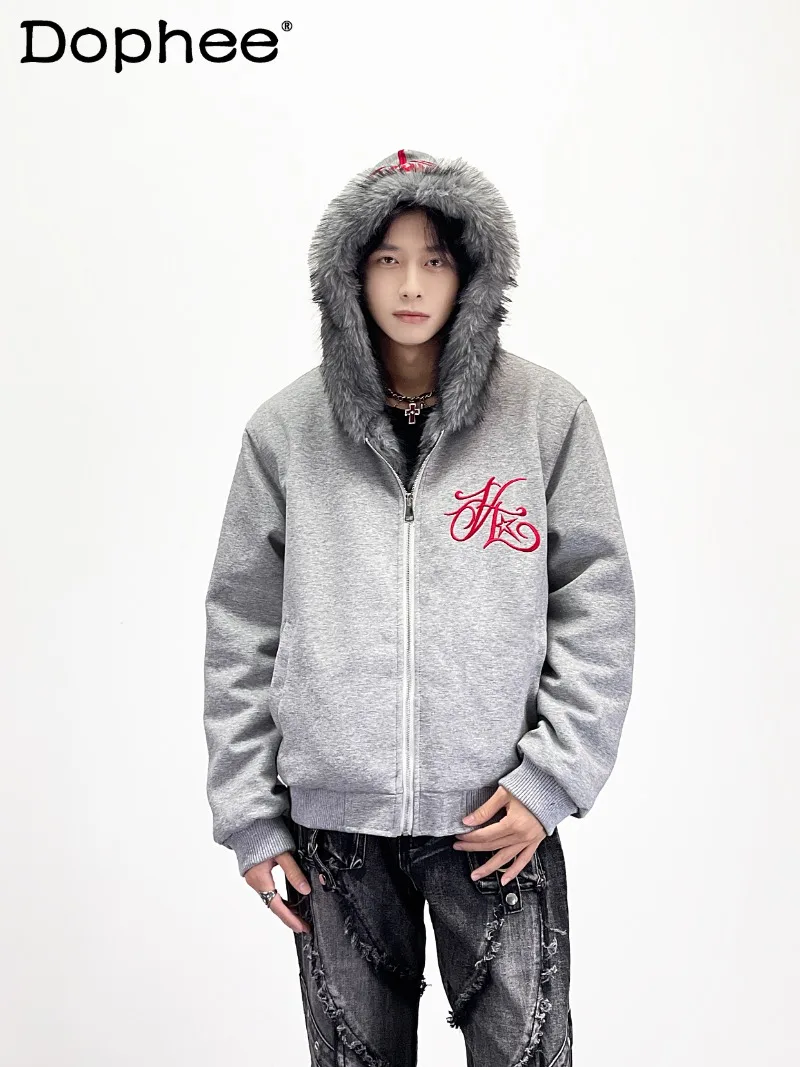 

Winter American Street Style Letter Print Hooded Sweatshirt with Fur Collar Loose Casual Thickened Warm Jacket for Men
