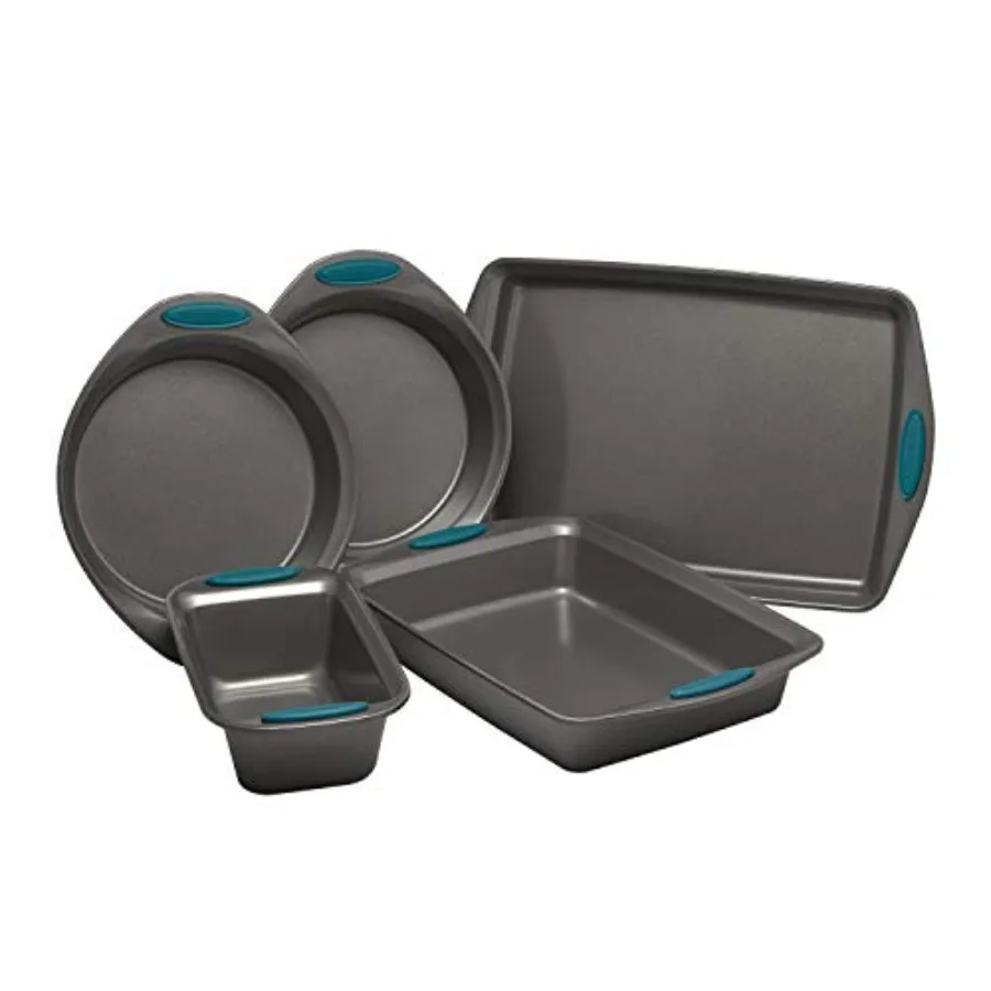 

Nonstick Bakeware Set with Grips includes Nonstick Baking Pans Baking Sheet and Nonstick Bread Pan 5 Piece Gray with Marine Blu
