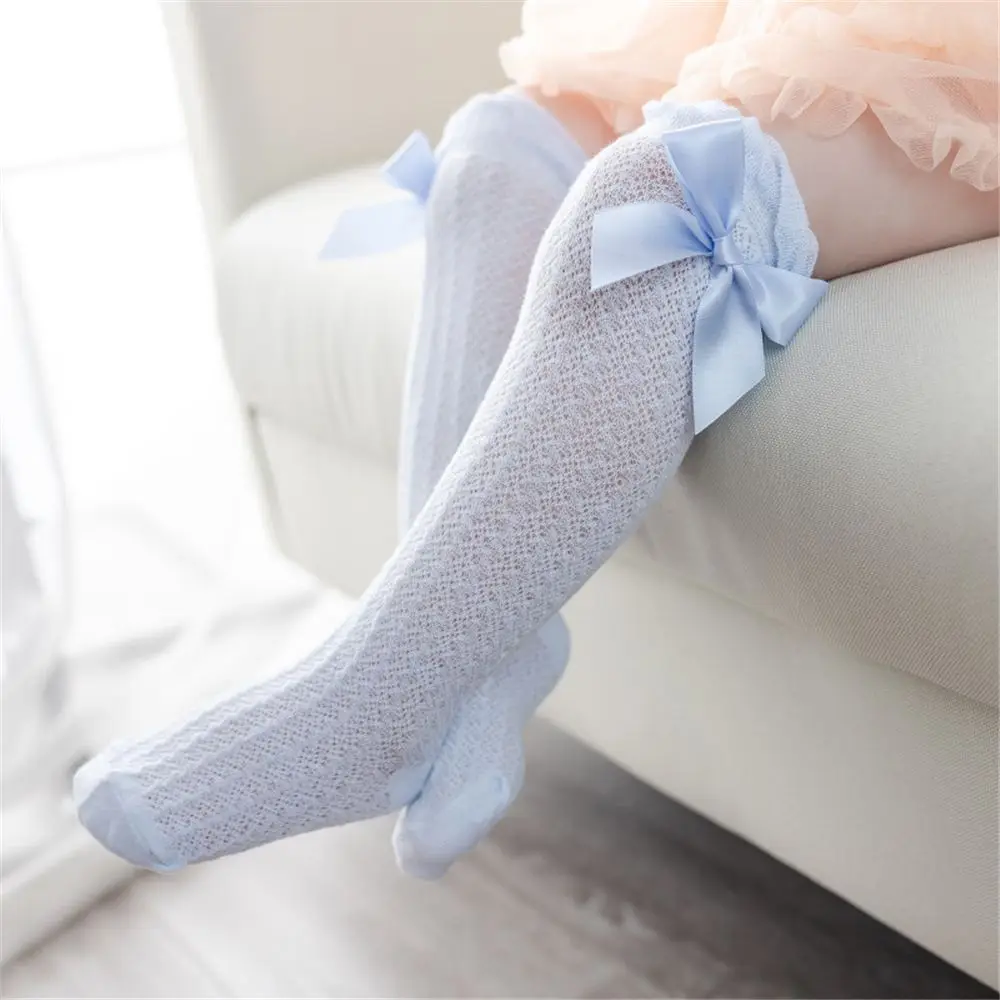 High Quality Solid Color Breathable Cotton Soft Socks Bow Knee High Fishnet Socks Long Stocking Royal Style Knee Stockings