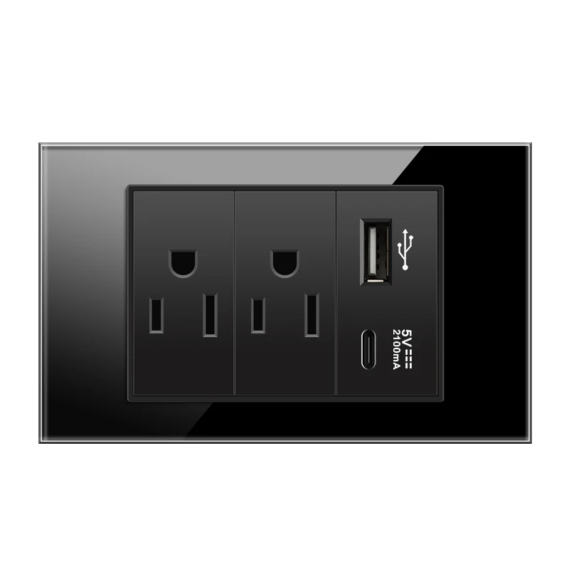 Shawader US/Italy/Chile/20A Brazil Plug Wall Sockets USB Type C Outlets Pressure Switch Plastic/Tempered Glass Panel Home Office